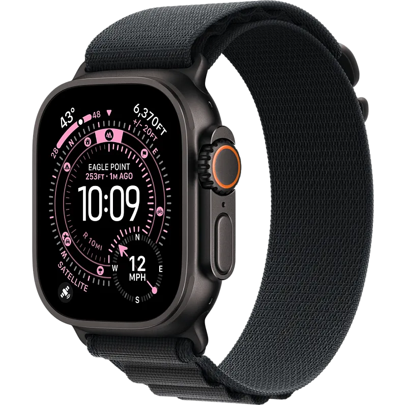 Apple Watch Ultra 3, 49 мм, корпус из чёрного титана, ремешок Alpine чёрного цвета