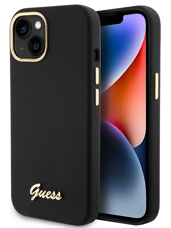 Чехол Guess для iPhone 15 Liquid silicone Gold metal logo & Camera frame Hard Black