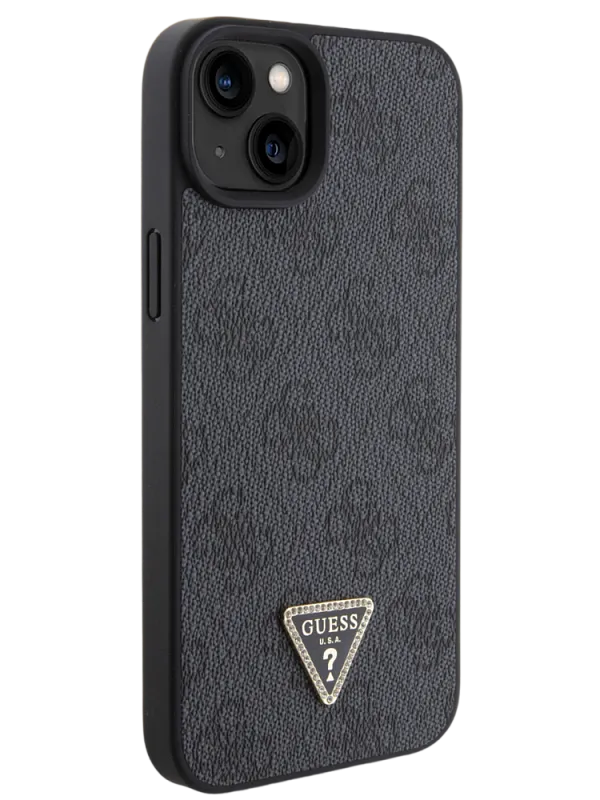 Чехол Guess для iPhone 15 PU 4G Triangle Diamond metal logo Hard Black