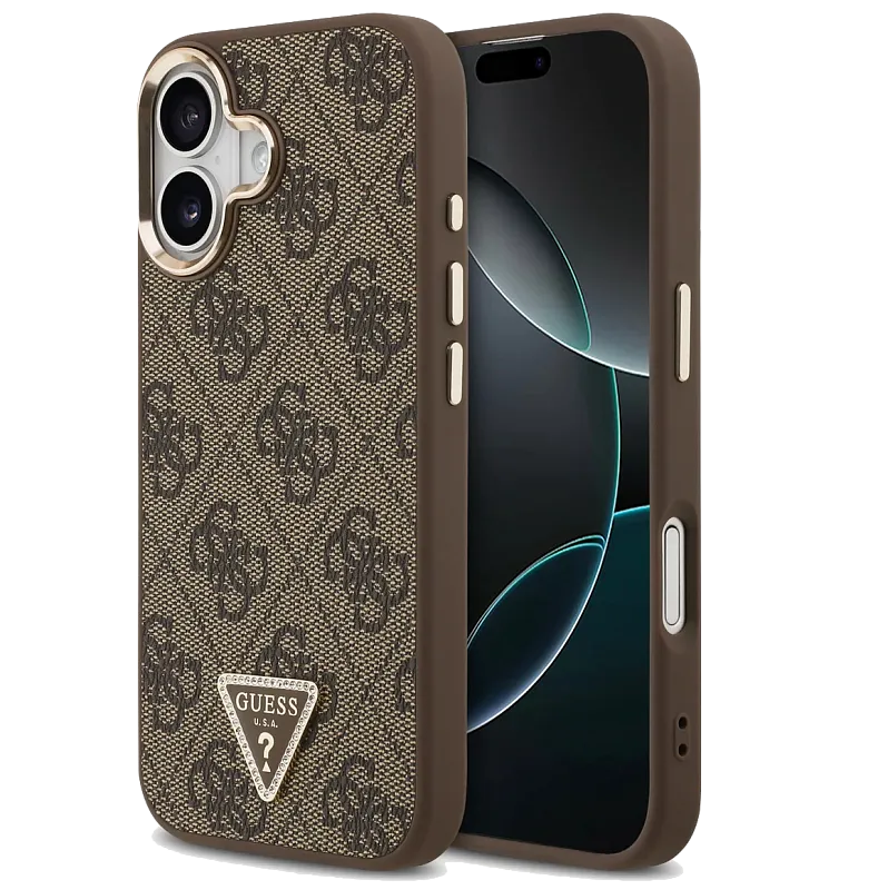 Чехол Guess для iPhone 17 PU 4G Triangle Diamond metal logo Gold camera Hard, коричневый