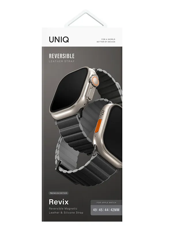 Ремешок Uniq для Apple Watch 49/45/44/42 mm Revix Premium Ed. Leather/Silicone Charcoal/Ash Grey
