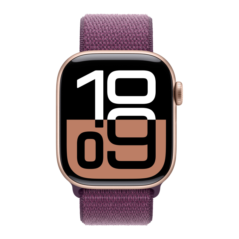 Apple Watch Series 10, 42 мм, корпус из алюминия цвета «розовое золото», текстильный браслет сливового цвета