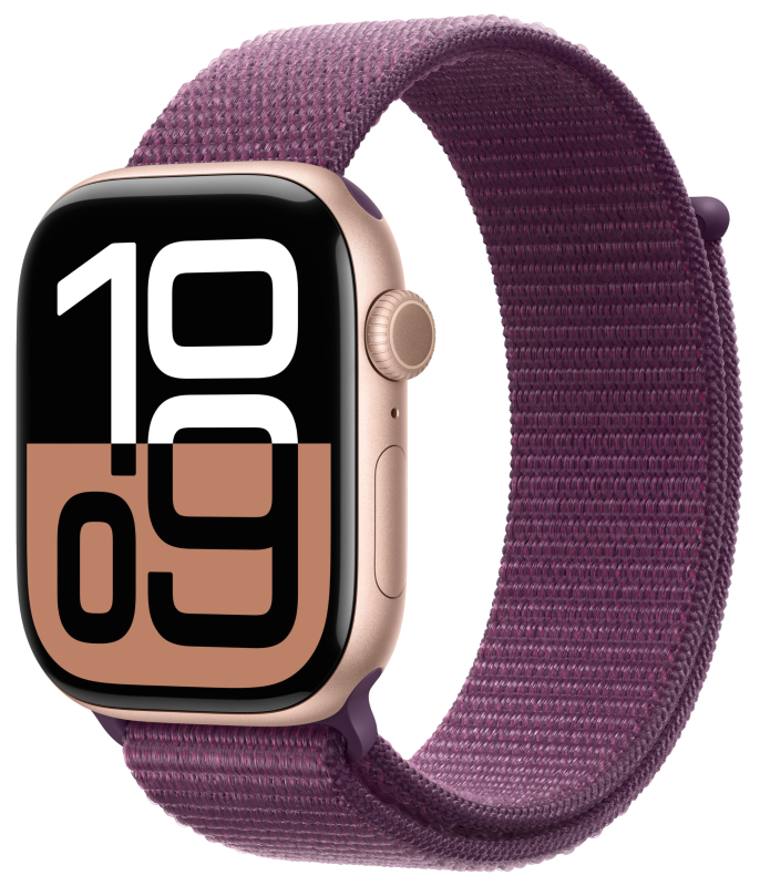 Apple Watch Series 10, 42 мм, корпус из алюминия цвета «розовое золото», текстильный браслет сливового цвета