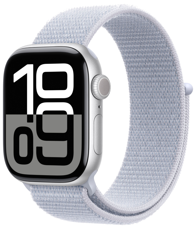Apple Watch Series 10, 46 мм, корпус из алюминия серебристого цвета, текстильный браслет дымчато-голубого цвета