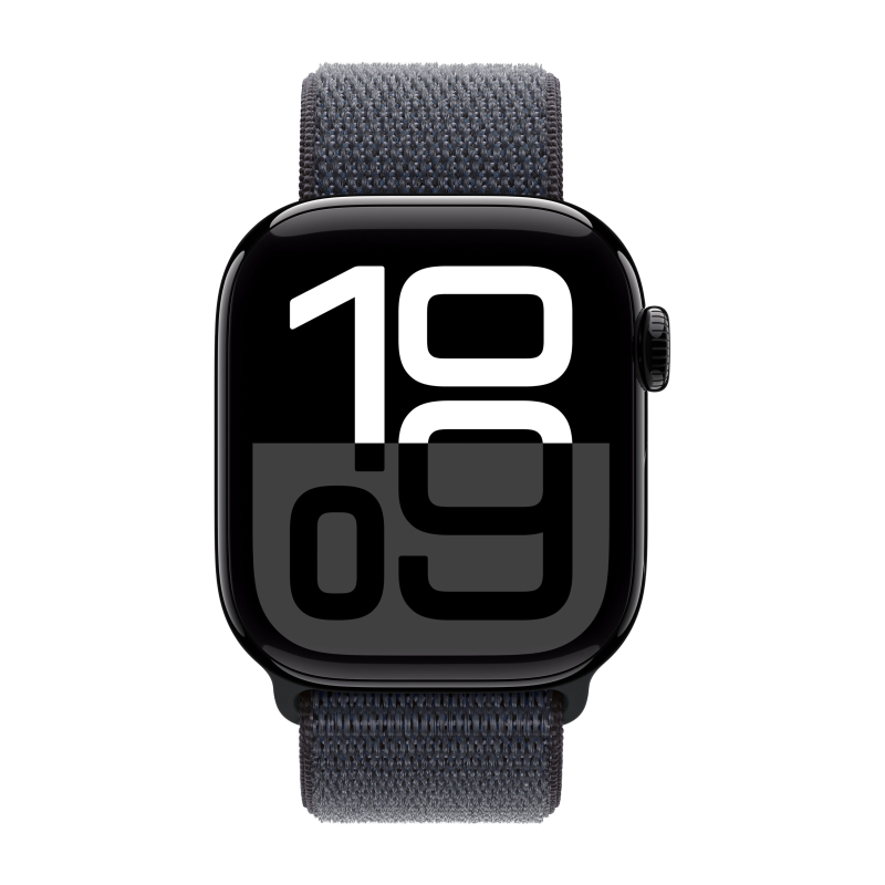 Apple Watch Series 10, 46 мм, корпус из алюминия цвета «черный глянец», текстильный браслет темно-синего цвета