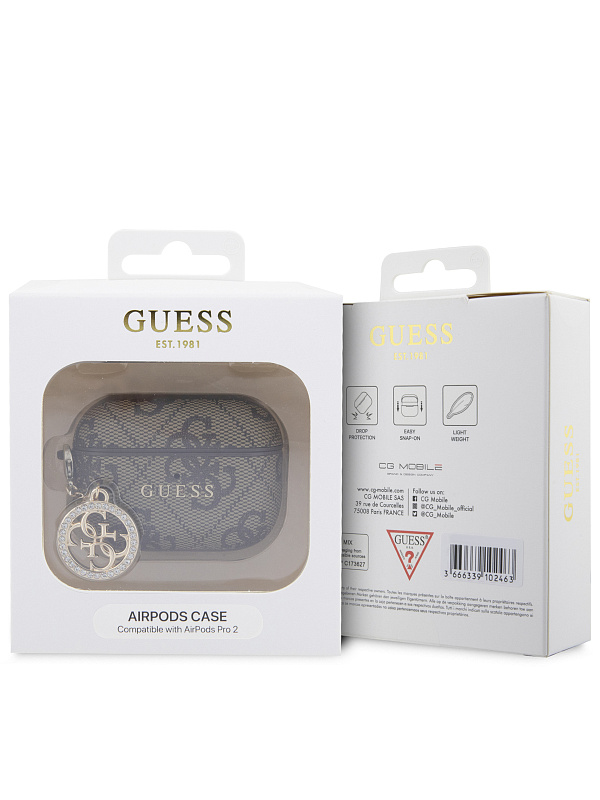 Чехол Guess для Airpods Pro 2 PU leather 4G with metal logo and Diamond charm Brown