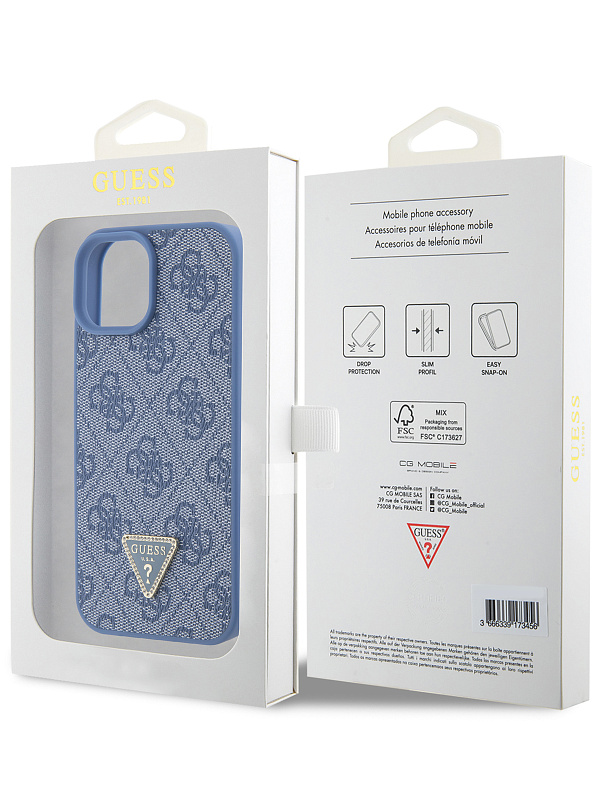 Чехол Guess для iPhone 15 PU 4G Triangle Diamond metal logo Hard Blue