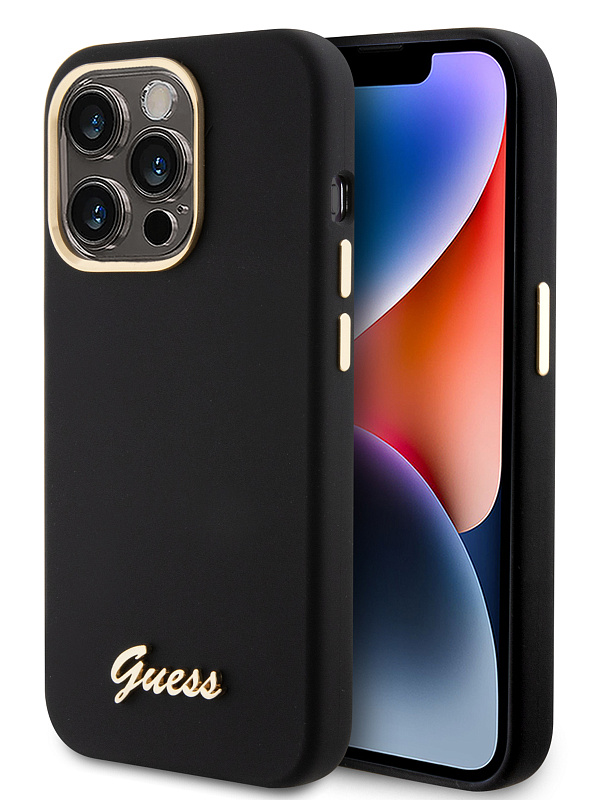 Чехол Guess для iPhone 15 Pro чехол Liquid silicone Gold metal logo & Camera frame Hard Black