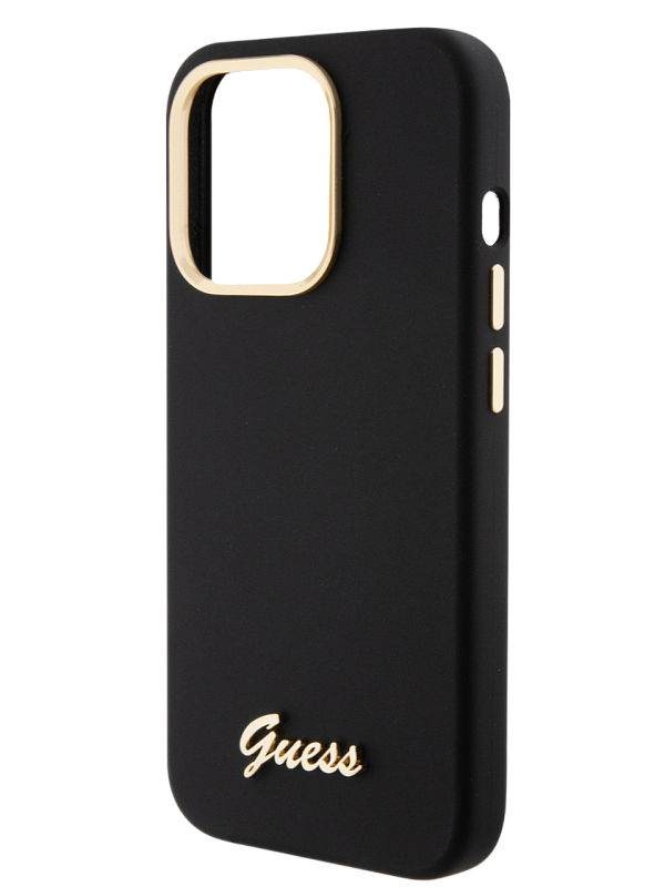 Чехол Guess для iPhone 15 Pro чехол Liquid silicone Gold metal logo & Camera frame Hard Black