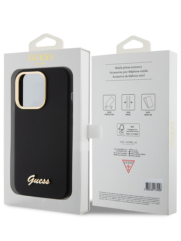 Чехол Guess для iPhone 15 Pro чехол Liquid silicone Gold metal logo & Camera frame Hard Black