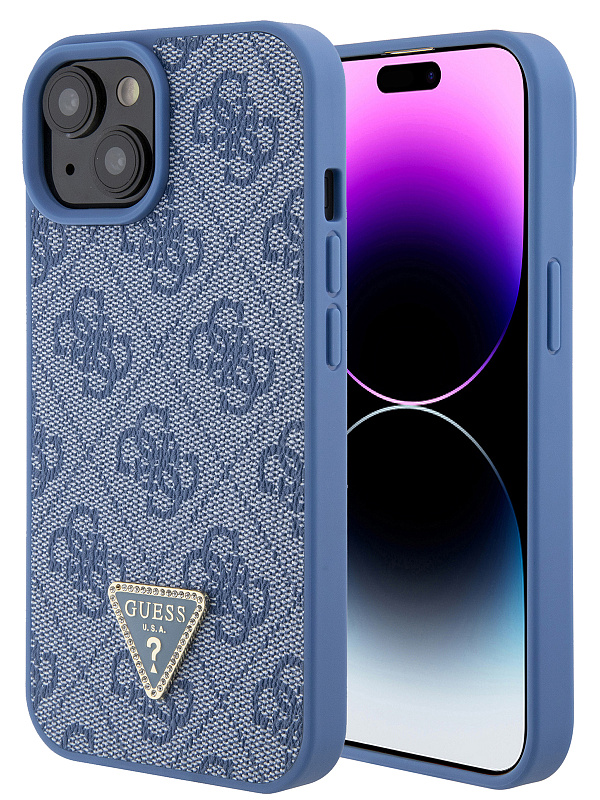 Чехол Guess для iPhone 15 PU 4G Triangle Diamond metal logo Hard Blue