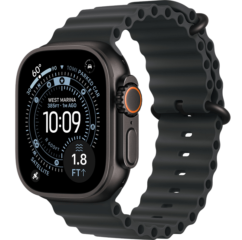 Apple Watch Ultra 3, 49 мм, корпус из чёрного титана, ремешок Ocean чёрного цвета