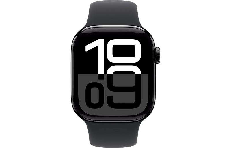 Apple Watch Series 10, 46 мм, корпус из алюминия цвета «чёрный глянец», спортивный ремешок черного цвета