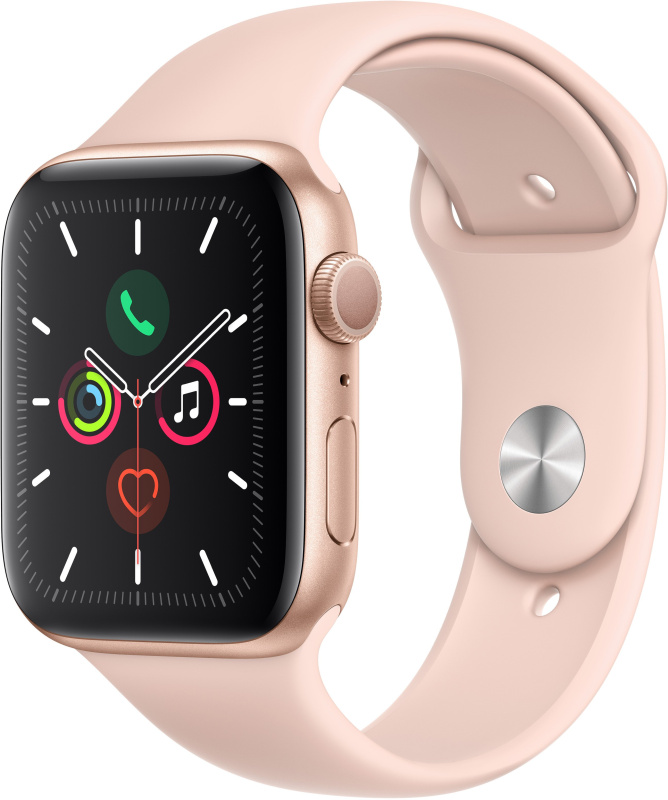 Apple Watch Series 5, 44 мм, корпус из алюминия золотого цвета, спортивный браслет цвета «розовый песок»