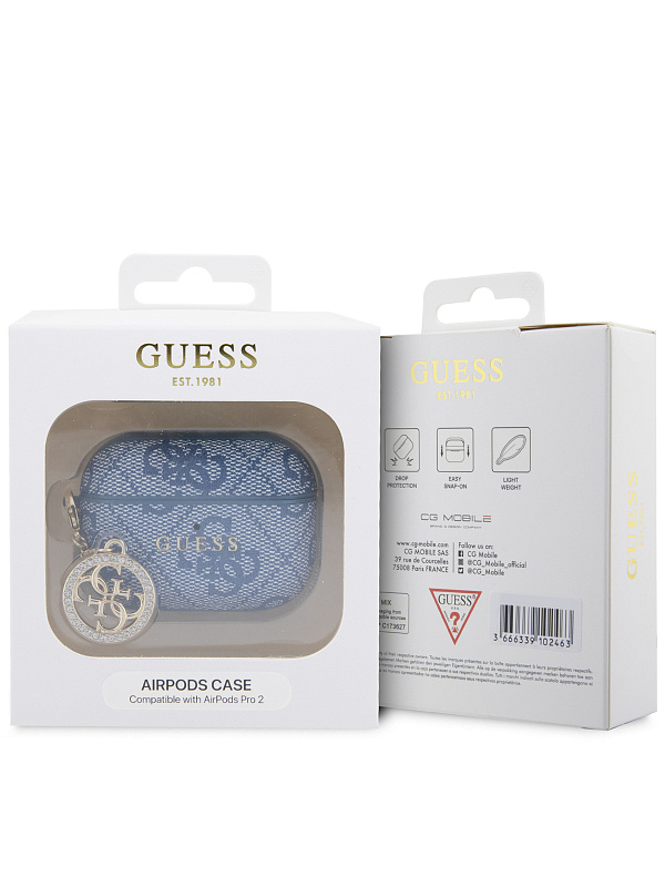 Чехол Guess для Airpods Pro 2 PU leather 4G with metal logo and Diamond charm Blue