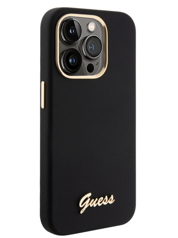 Чехол Guess для iPhone 15 Pro чехол Liquid silicone Gold metal logo & Camera frame Hard Black